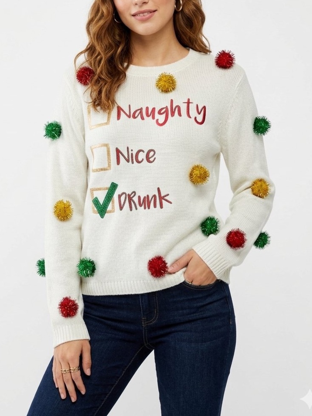 NWT Spencer's Naughty Nice Drunk Ugly Christmas Sweater Pom Pom White XL